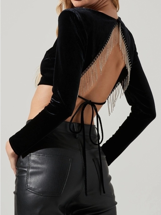 juliane top Tops - New Black Velvet Open-Back Crop Top with Gold Chain Fringe